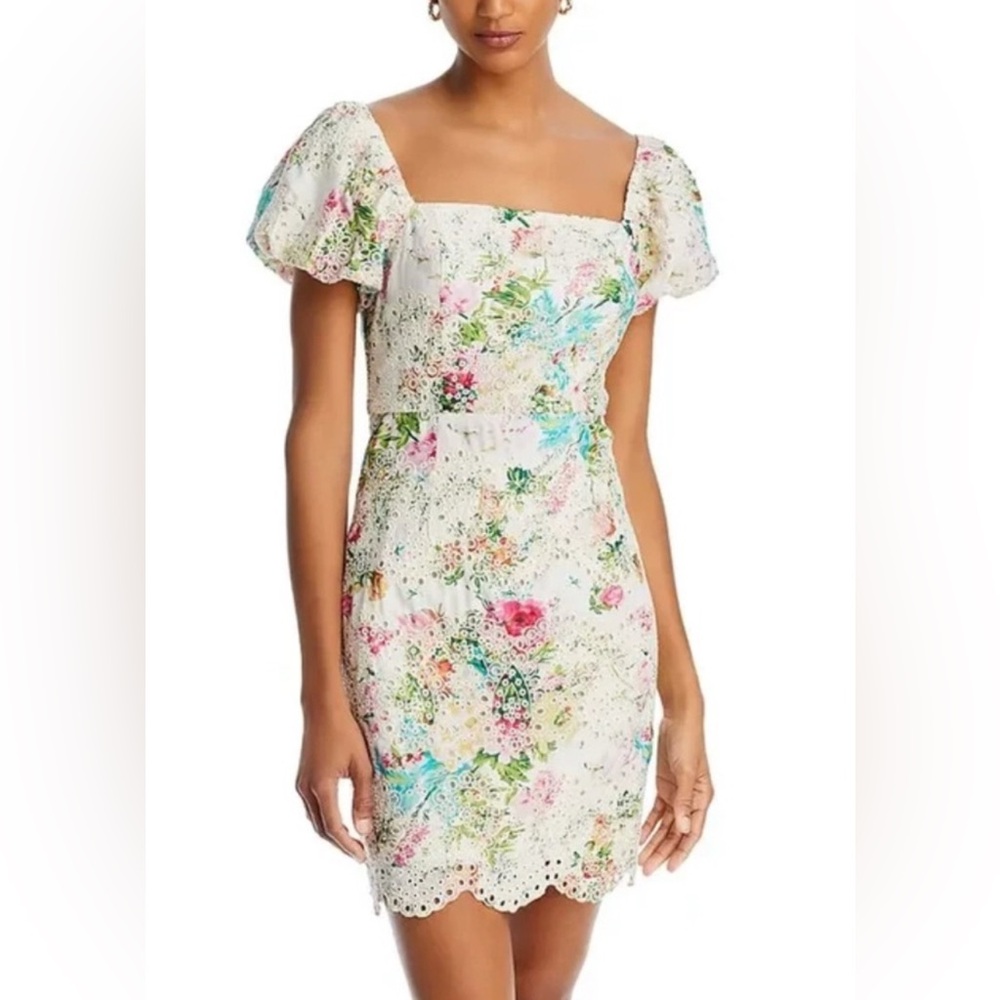 NWT Fore Floral Eyelet Square Neck Puff‎ Sleeve Mini Dress Size M